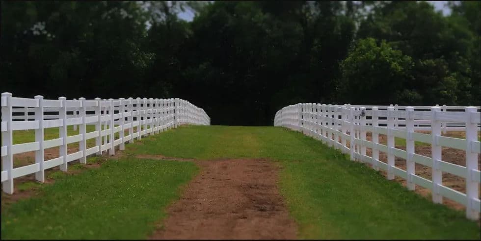 White wooden fence lines a grassy pathway leading to a lush green landscape.